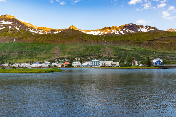 Town of Syedisfjordur in east Iceland on a summer day