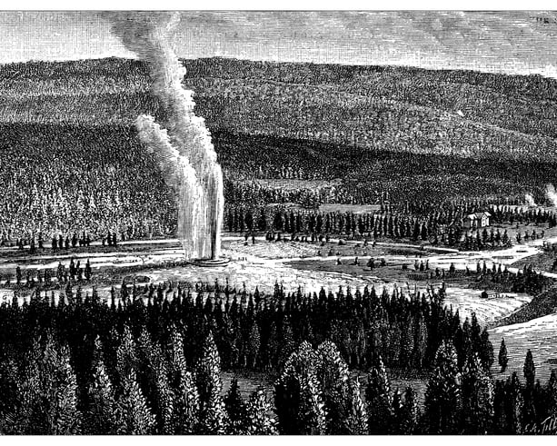 Antique engraving illustration: Yellowstone Park Old Faithful geyser