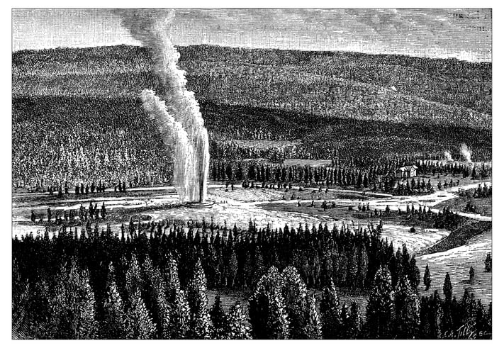 Antique engraving illustration: Yellowstone Park Old Faithful geyser