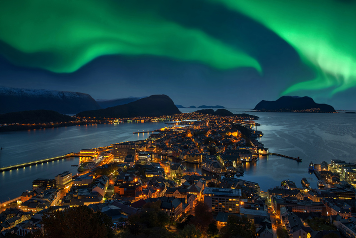 Green Aurora borealis over Alesund, Norway.