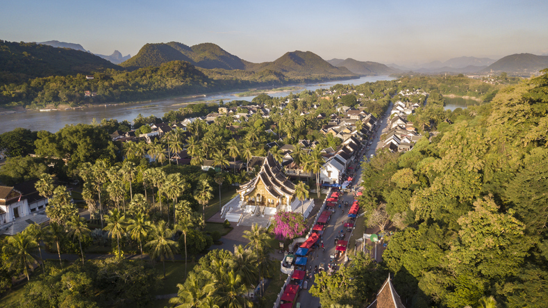 Aerial photograph of UNESCO heritage town of Luang Prabang in Laos, South-East Asia.