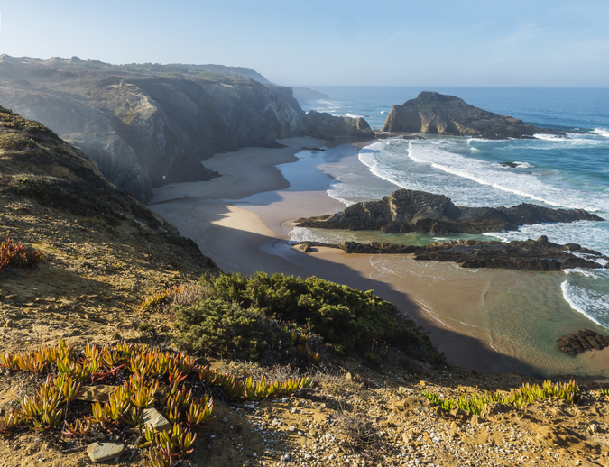 View of empty Praia da Zambujeira do Mar beach with ocean waves, cliffs and stones, wet golden sand and green vegetation at wild Rota Vicentina coast, Odemira, Portugal