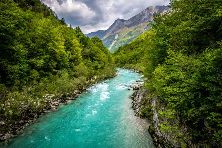 Soca River near Kobarid - Caporetto in The Triglav National Park in Slovenia, Europe. Nikon D850.