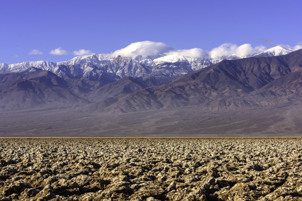 Winter at Death Valley National park with snow capped mountain