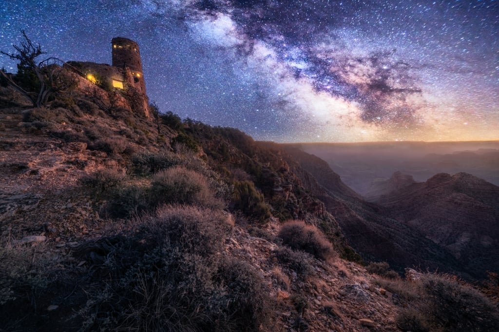 Grand Canyon National Park at night with milky way in the sky from Desert view Viewpoint