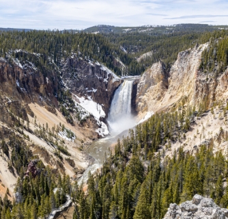 Hot spring, icy lake, nature, wild life, meadow, grand canyon of Yellowstone in Spring 2022