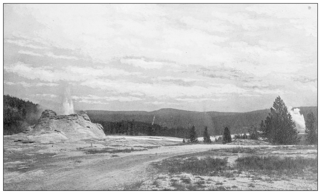 Antique travel photographs of Yellowstone: Castle Geyser and Old Faithful Geyser