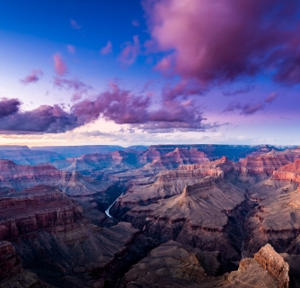 Sweeping view of the Grand Canyon at dusk.