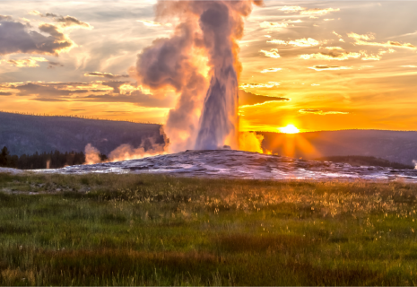 Old Faithful Geyser at Yellowstone National Park erupts at sunset.