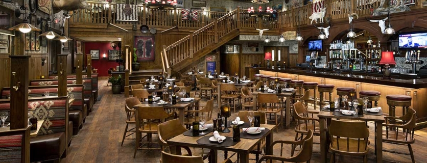 A restaurant decorated to look like an old saloon. 