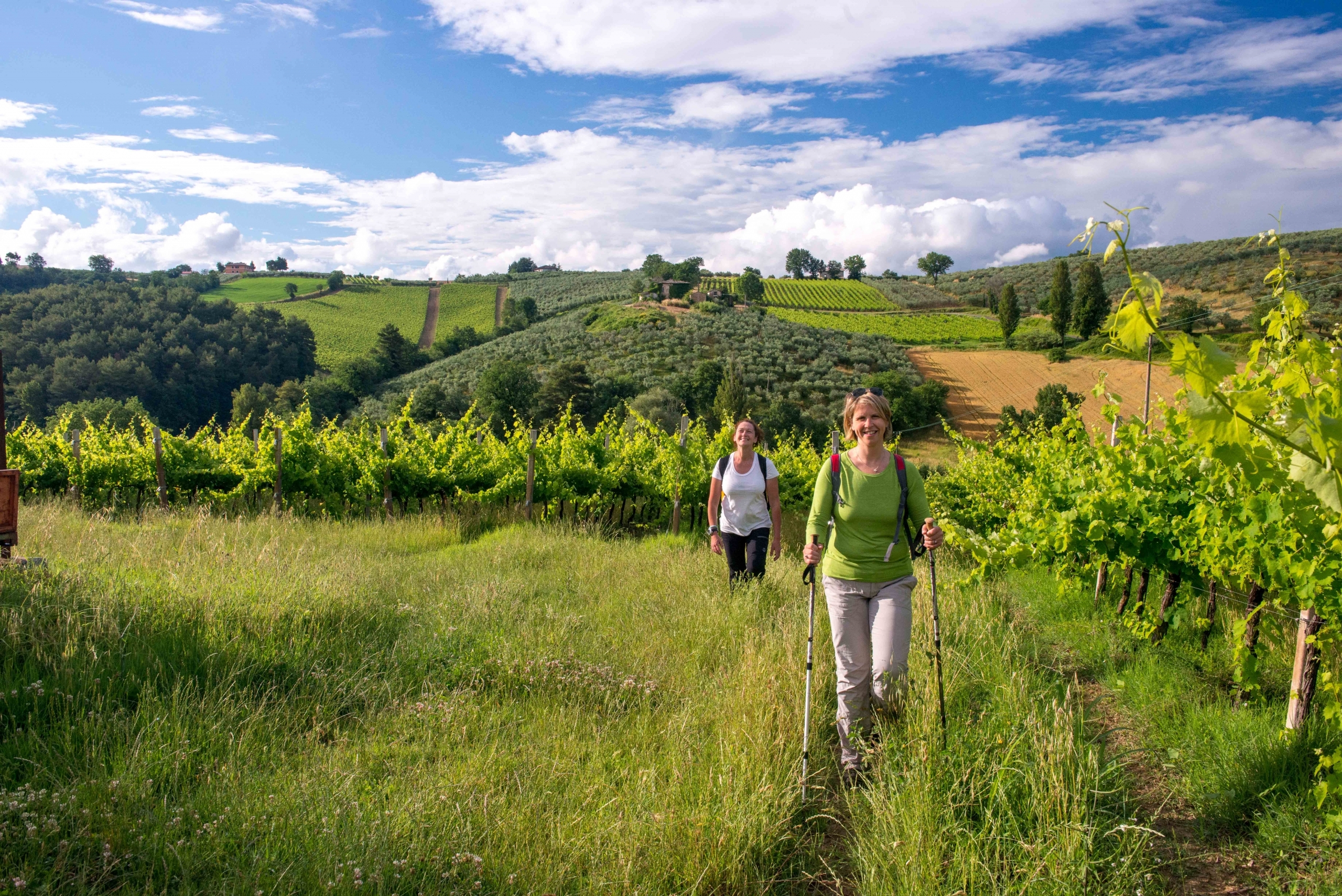 Two women walking through a green landscape