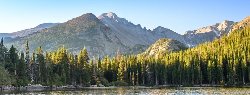 View of the Rocky Mountains in Colorado with a forest and lake