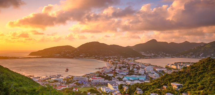 Philipsburg, Sint Maarten, cityscape at the Great Bay and Great Salt Pond.