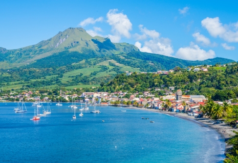 Saint Pierre Caribbean bay in Martinique beside Mount Pelée volcano