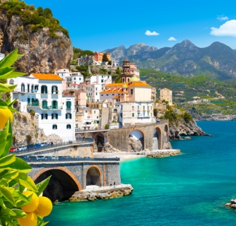 Morning view of Amalfi cityscape on coast line of mediterranean sea, Italy