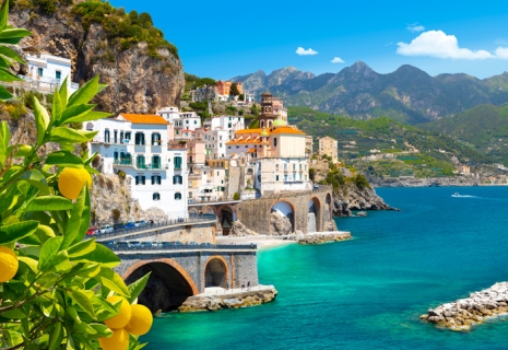 Morning view of Amalfi cityscape on coast line of mediterranean sea, Italy